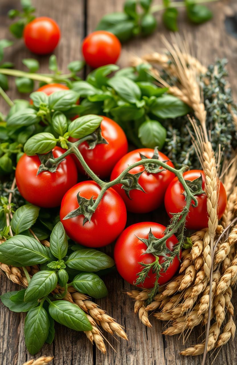 A rustic scene showcasing fresh, farm-grown ingredients such as vibrant red tomatoes, fragrant herbs like basil and thyme, and golden grains like wheat