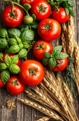 A rustic scene showcasing fresh, farm-grown ingredients such as vibrant red tomatoes, fragrant herbs like basil and thyme, and golden grains like wheat