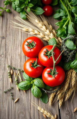 A rustic scene showcasing fresh, farm-grown ingredients such as vibrant red tomatoes, fragrant herbs like basil and thyme, and golden grains like wheat