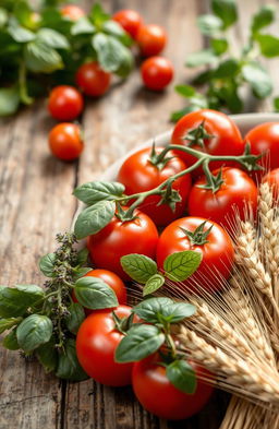 A rustic scene showcasing fresh, farm-grown ingredients such as vibrant red tomatoes, fragrant herbs like basil and thyme, and golden grains like wheat