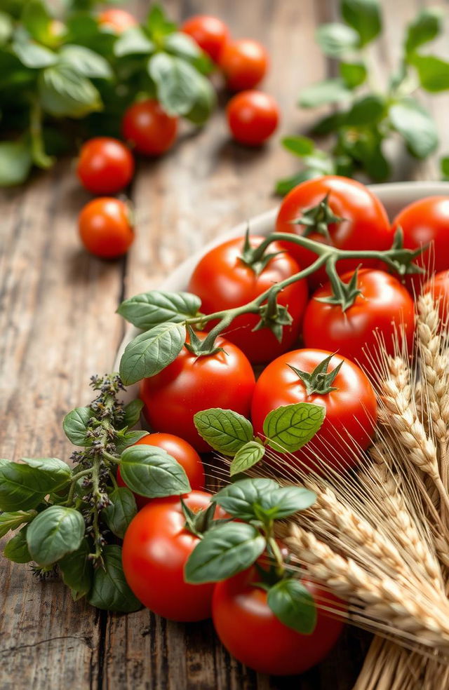 A rustic scene showcasing fresh, farm-grown ingredients such as vibrant red tomatoes, fragrant herbs like basil and thyme, and golden grains like wheat