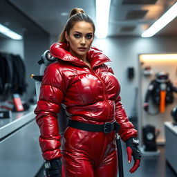 A stunning woman with an alluring figure, confidently wearing a shiny red puffy cold water immersion suit, designed for aquatic environments