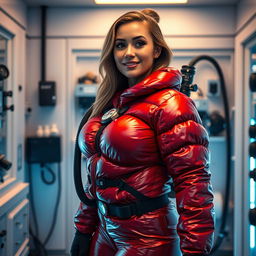 An attractive woman with a curvy figure, confidently wearing a shiny red puffy cold water immersion suit that highlights her ample bust