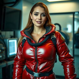 An attractive woman with a curvy figure, confidently wearing a shiny red puffy cold water immersion suit that highlights her ample bust
