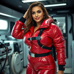 An attractive woman with a curvy figure, confidently wearing a shiny red puffy cold water immersion suit that highlights her ample bust