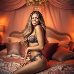 A stunning woman with flowing long hair, wearing an elegant, luxurious lingerie set that accentuates her curves