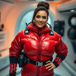 A captivating woman with a curvy shape, confidently donned in a shiny red puffy cold water immersion suit that accentuates her large bust