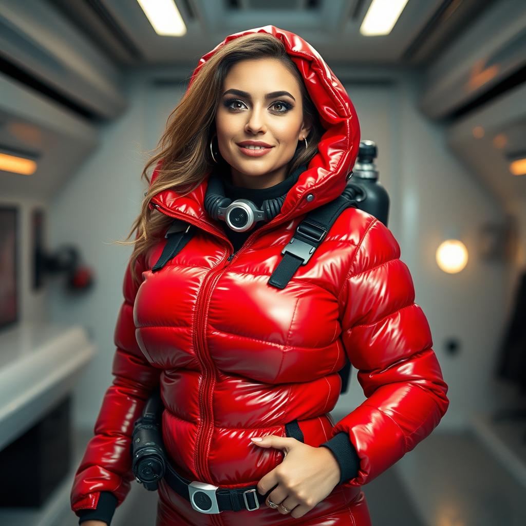 A captivating woman with a curvy shape, confidently donned in a shiny red puffy cold water immersion suit that accentuates her large bust