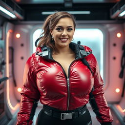 A captivating woman with a curvy shape, confidently donned in a shiny red puffy cold water immersion suit that accentuates her large bust