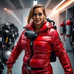 An alluring woman with a voluptuous figure, confidently outfitted in a shiny red puffy cold water immersion suit that accentuates her generous bust