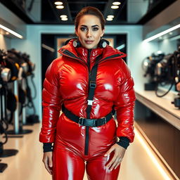 An alluring woman with a voluptuous figure, confidently outfitted in a shiny red puffy cold water immersion suit that accentuates her generous bust
