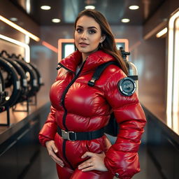 An alluring woman with a voluptuous figure, confidently outfitted in a shiny red puffy cold water immersion suit that accentuates her generous bust