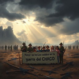 A solemn tribute to the Chaco War, featuring a battlefield scene under a dramatic sky filled with dark clouds hinting at an impending storm