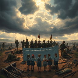 A solemn tribute to the Chaco War, featuring a battlefield scene under a dramatic sky filled with dark clouds hinting at an impending storm