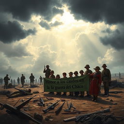 A solemn tribute to the Chaco War, featuring a battlefield scene under a dramatic sky filled with dark clouds hinting at an impending storm
