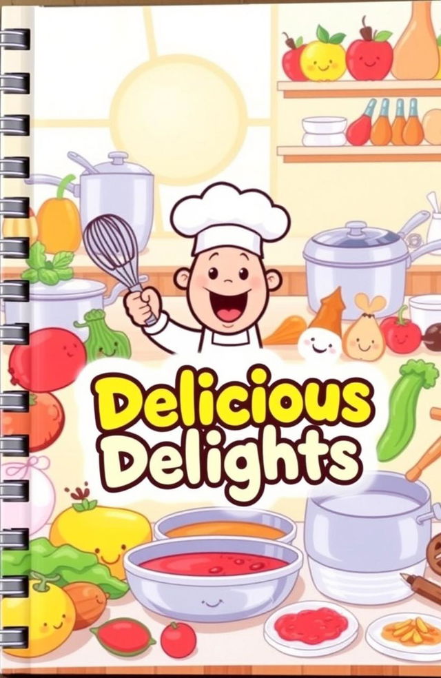 A whimsical cookbook cover featuring animated-style imagery with playful illustrations of various colorful ingredients like fruits, vegetables, and spices