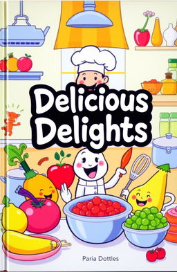 A whimsical cookbook cover featuring animated-style imagery with playful illustrations of various colorful ingredients like fruits, vegetables, and spices