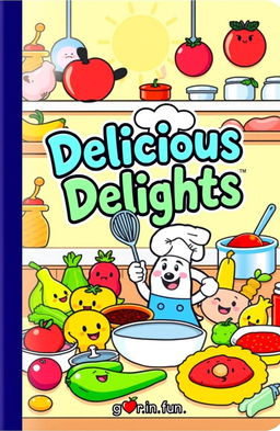 A whimsical cookbook cover featuring animated-style imagery with playful illustrations of various colorful ingredients like fruits, vegetables, and spices