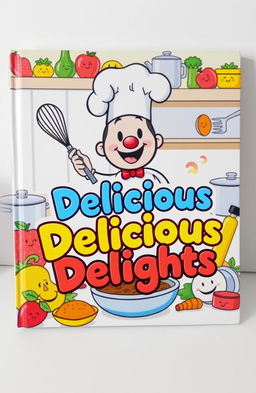 A whimsical cookbook cover featuring animated-style imagery with playful illustrations of various colorful ingredients like fruits, vegetables, and spices