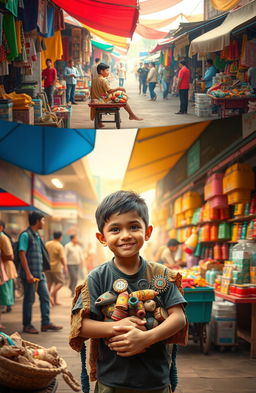 A visually inspiring scene depicting a boy, starting his journey in a bustling marketplace with nothing but a small cart filled with handmade crafts