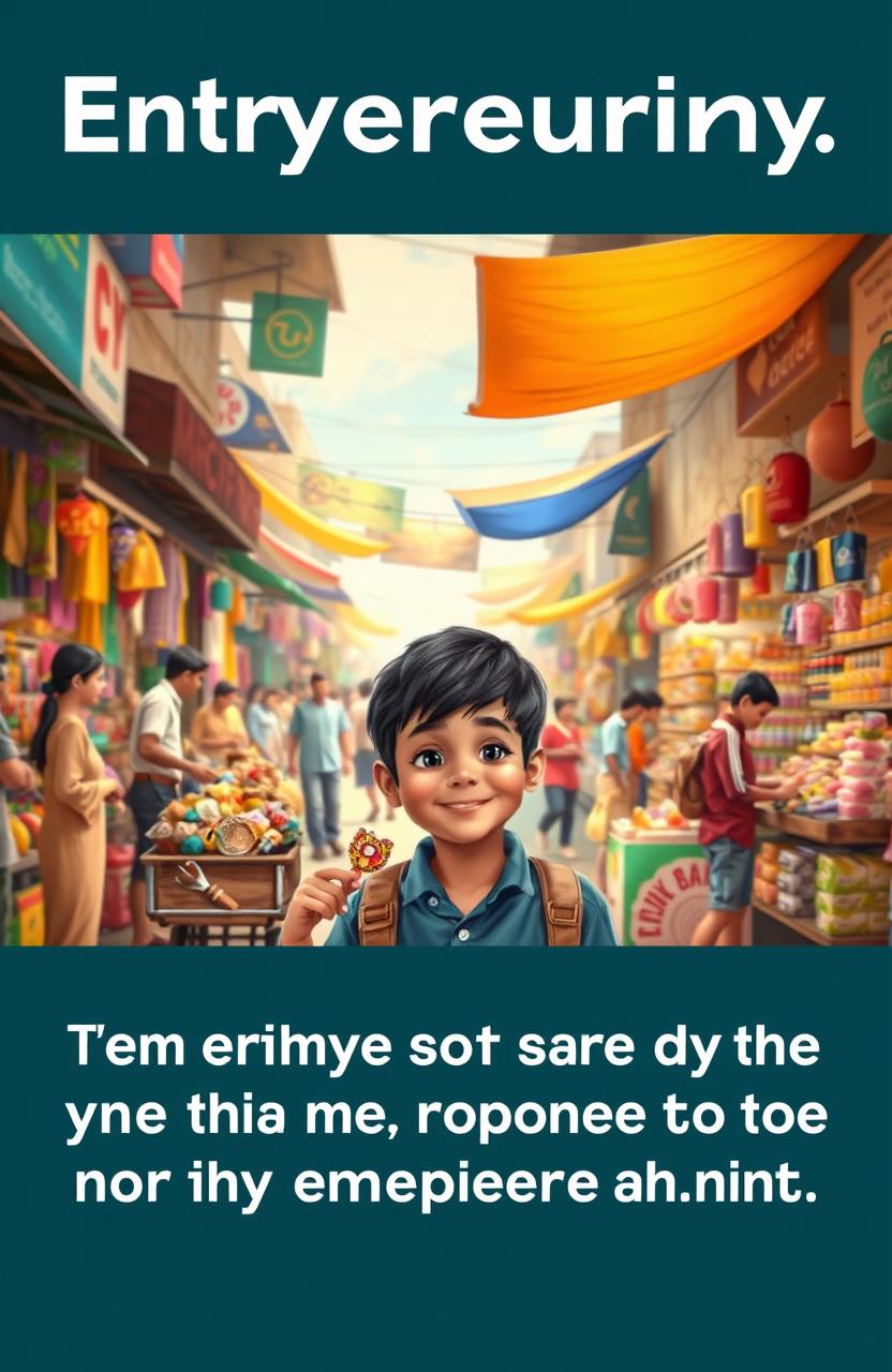 A visually inspiring scene depicting a boy, starting his journey in a bustling marketplace with nothing but a small cart filled with handmade crafts