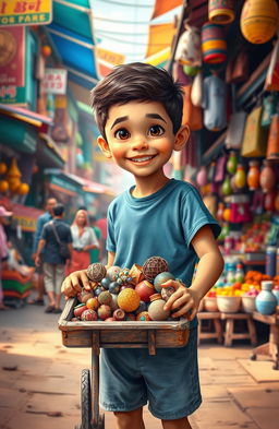 A visually inspiring scene depicting a boy, starting his journey in a bustling marketplace with nothing but a small cart filled with handmade crafts