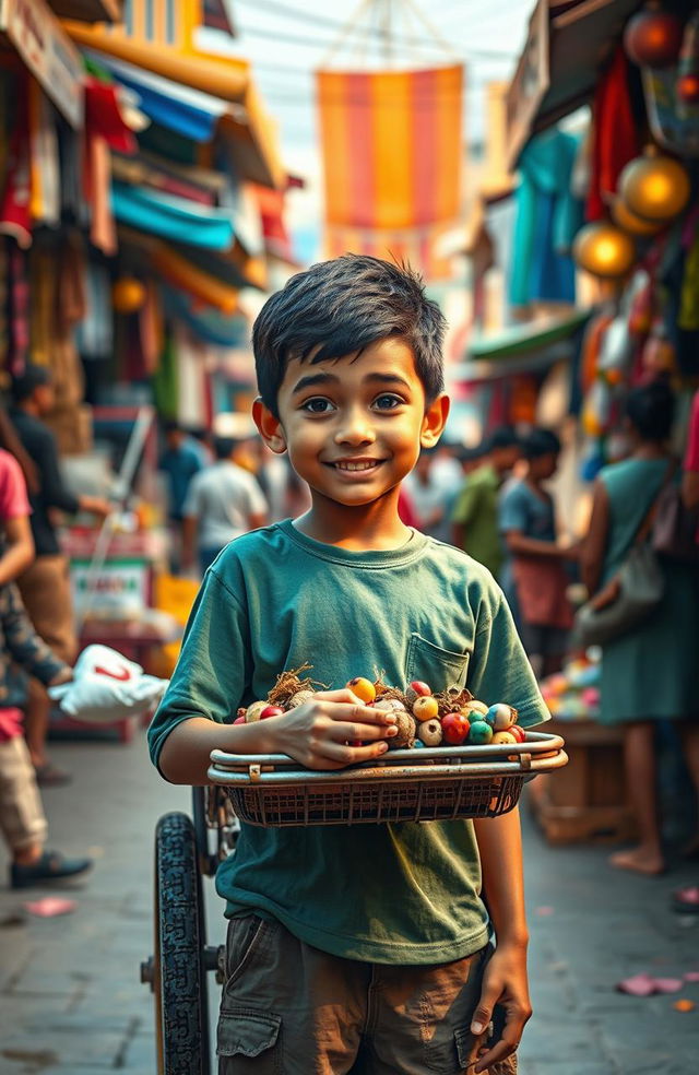 A visually inspiring scene depicting a boy, starting his journey in a bustling marketplace with nothing but a small cart filled with handmade crafts