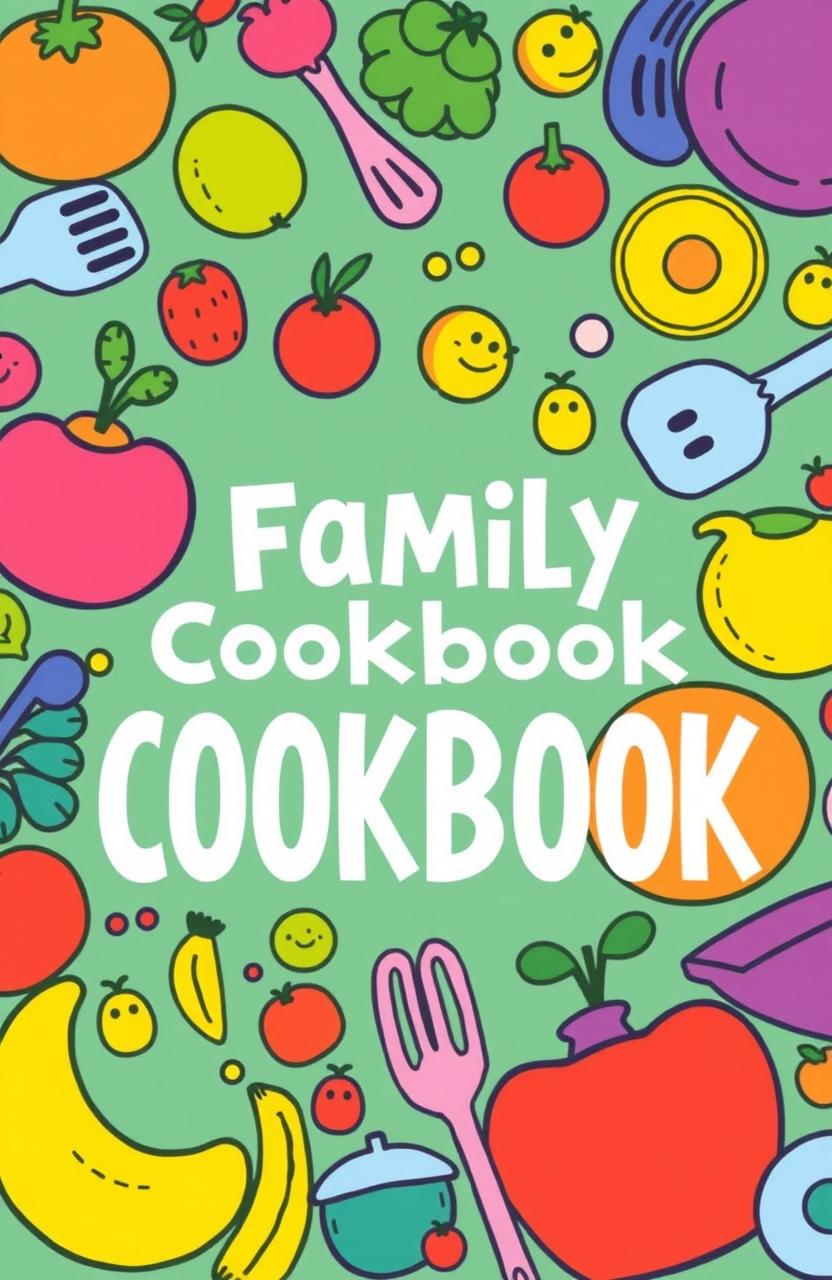 A whimsical cookbook cover featuring animated imagery with crooked square lines, filled with vibrant colors and playful illustrations