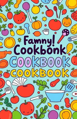 A whimsical cookbook cover featuring animated imagery with crooked square lines, filled with vibrant colors and playful illustrations
