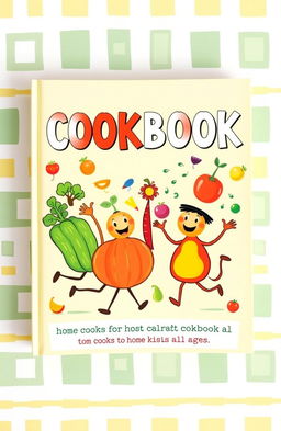 A vibrant and whimsical cookbook cover featuring animated imagery of colorful vegetables and fruits dancing joyfully