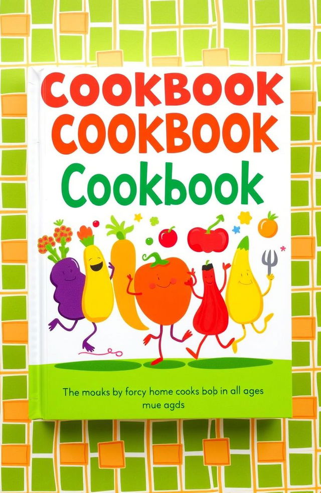 A vibrant and whimsical cookbook cover featuring animated imagery of colorful vegetables and fruits dancing joyfully