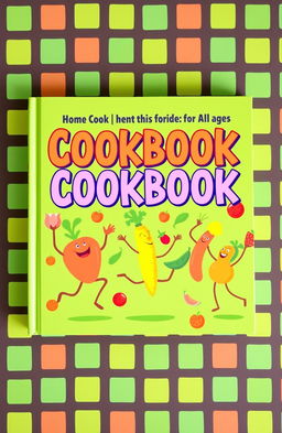 A vibrant and whimsical cookbook cover featuring animated imagery of colorful vegetables and fruits dancing joyfully