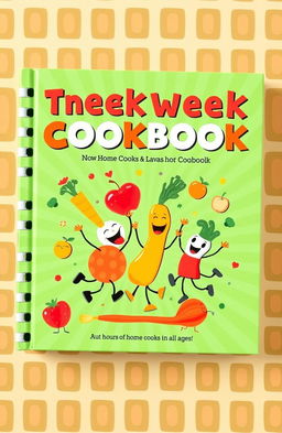 A vibrant and whimsical cookbook cover featuring animated imagery of colorful vegetables and fruits dancing joyfully