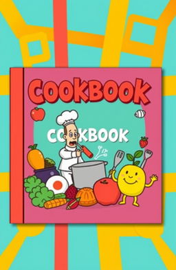 An eye-catching cookbook cover design featuring playful animated illustrations of various food items like fruits, vegetables, and kitchen utensils