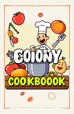 An eye-catching cookbook cover design featuring playful animated illustrations of various food items like fruits, vegetables, and kitchen utensils