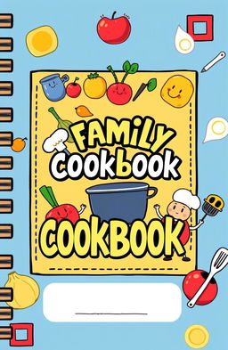 An eye-catching cookbook cover design featuring playful animated illustrations of various food items like fruits, vegetables, and kitchen utensils