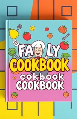 An eye-catching cookbook cover design featuring playful animated illustrations of various food items like fruits, vegetables, and kitchen utensils