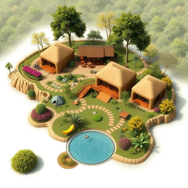 A detailed design concept for a 2-acre budget eco-friendly lodge featuring five villas made from natural mud