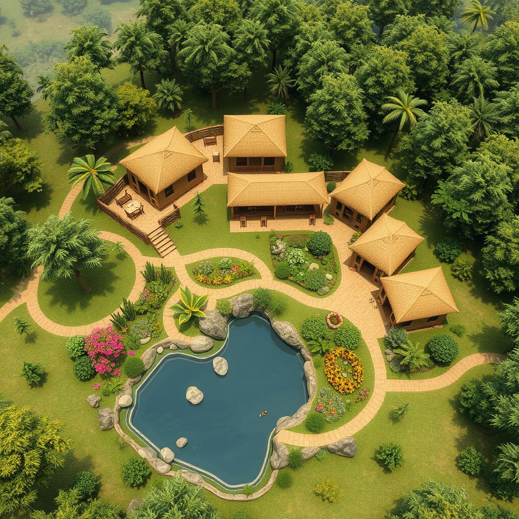 A detailed design concept for a 2-acre budget eco-friendly lodge featuring five villas made from natural mud