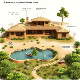 A detailed design concept for a 2-acre budget eco-friendly lodge featuring five villas made from natural mud