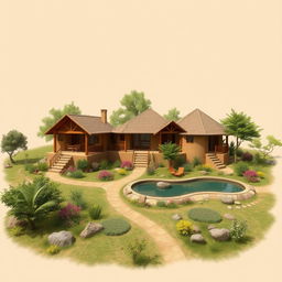 A detailed design concept for a 2-acre budget eco-friendly lodge featuring five villas made from natural mud