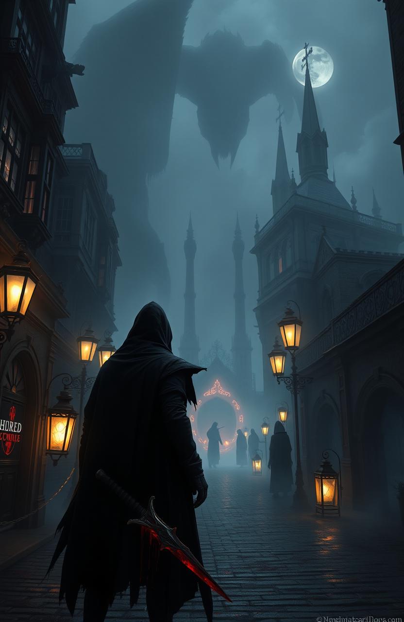 A haunting and atmospheric scene depicting a Victorian gothic setting inspired by the game Bloodborne