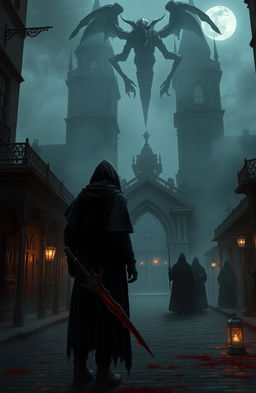 A haunting and atmospheric scene depicting a Victorian gothic setting inspired by the game Bloodborne