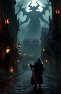 A haunting and atmospheric scene depicting a Victorian gothic setting inspired by the game Bloodborne
