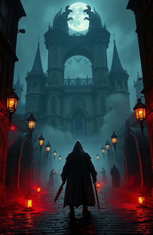 A haunting and atmospheric scene depicting a Victorian gothic setting inspired by the game Bloodborne