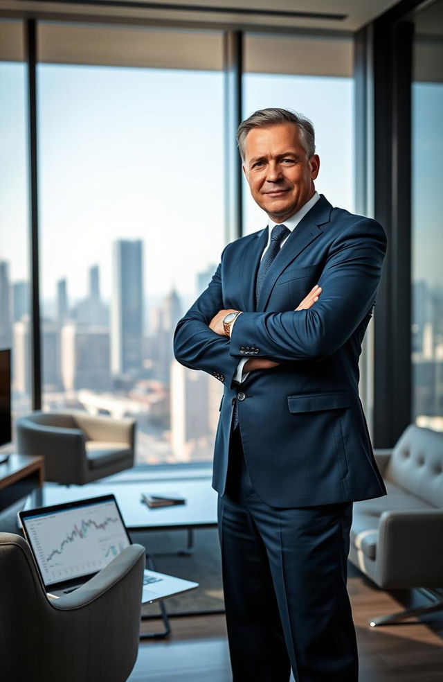 A powerful CEO standing confidently in a sleek, modern office with a city skyline in the background