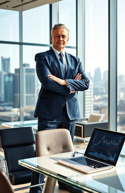 A powerful CEO standing confidently in a sleek, modern office with a city skyline in the background