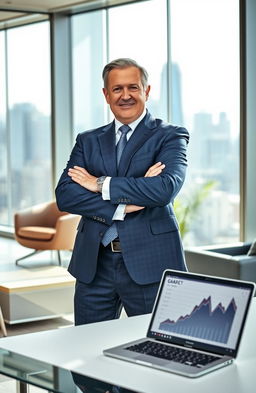 A powerful CEO standing confidently in a sleek, modern office with a city skyline in the background