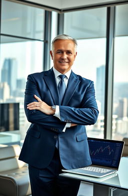 A powerful CEO standing confidently in a sleek, modern office with a city skyline in the background