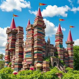 A magnificent castle made entirely of books, featuring tall towers and turrets stacked high with tomes of all shapes and sizes